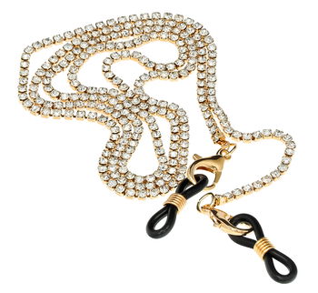 Das Bild zeigt eine Brillenkette in Gold mit Steinchen.